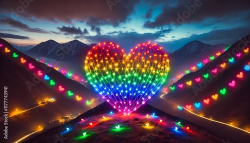 Luminous heart, with the colors of the LGBT+ community, Valentine's Day banner, created with Geberative A.I. photo