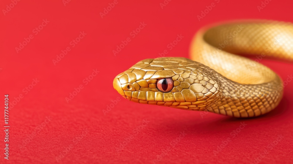 Fototapeta premium A close-up of a golden snake with striking red eyes, coiled against a vibrant red background, showcasing its sleek scales and captivating features Chinese New year, Lunar, year of Snake.