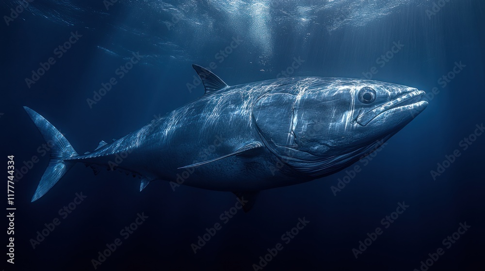 Fototapeta premium Majestic tuna underwater, sunlight beams.