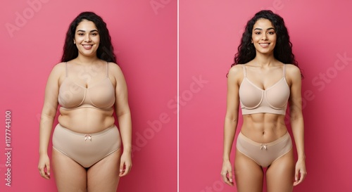 Transformation journey: hispanic young adult female in nude underwear highlighting body positivity photo