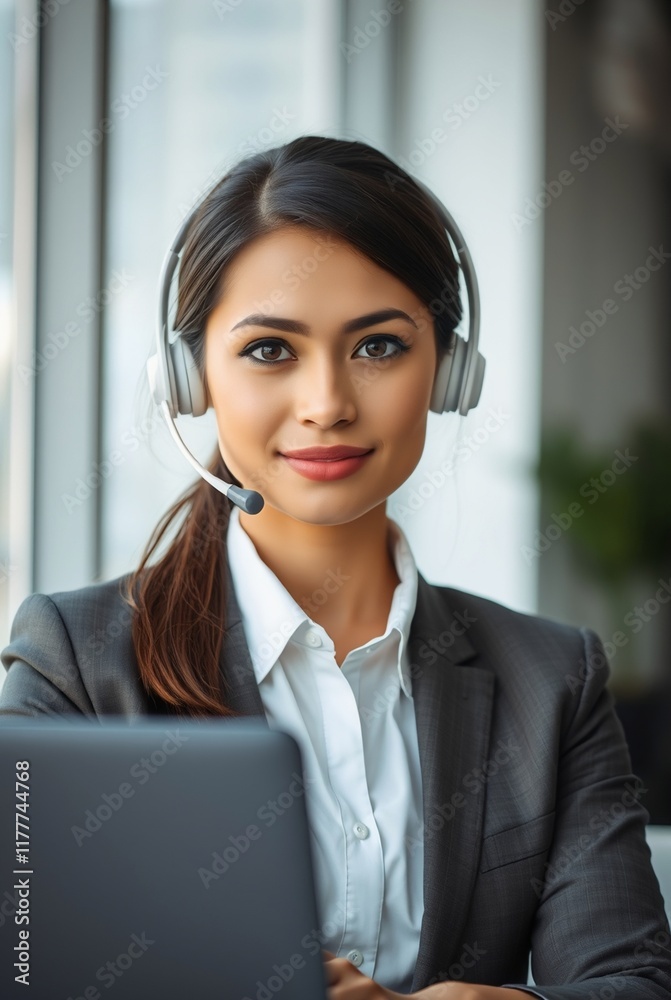 Professional Young Woman with Headset in Modern Office Setting Professional Young Woman with Headset in Modern Office Setting