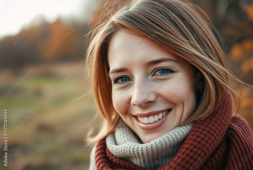Cheerful Young Woman in Fall Scenery Wearing a Cozy Scarf Cheerful Young Woman in Fall Scenery Wearing a Cozy Scarf