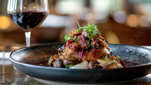 Delicious Coq au Vin from France, traditional chicken dish with red wine, mushrooms, and bacon, vibrant colors, culinary culture photo