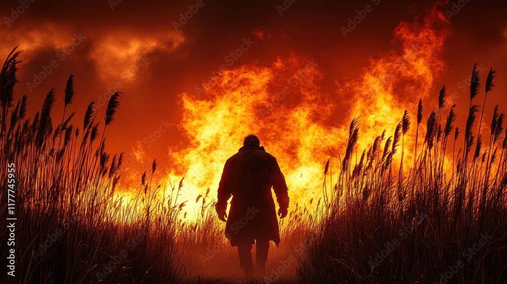 Fototapeta premium Man walking towards wildfire in field.