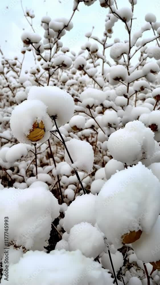 Snow blankets branches and leaves in a serene winter landscape during the early morning hours Snow blankets branches and leaves in a serene winter landscape during the early morning hours