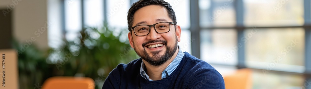 Fototapeta premium Happy man smiling in a bright modern office environment