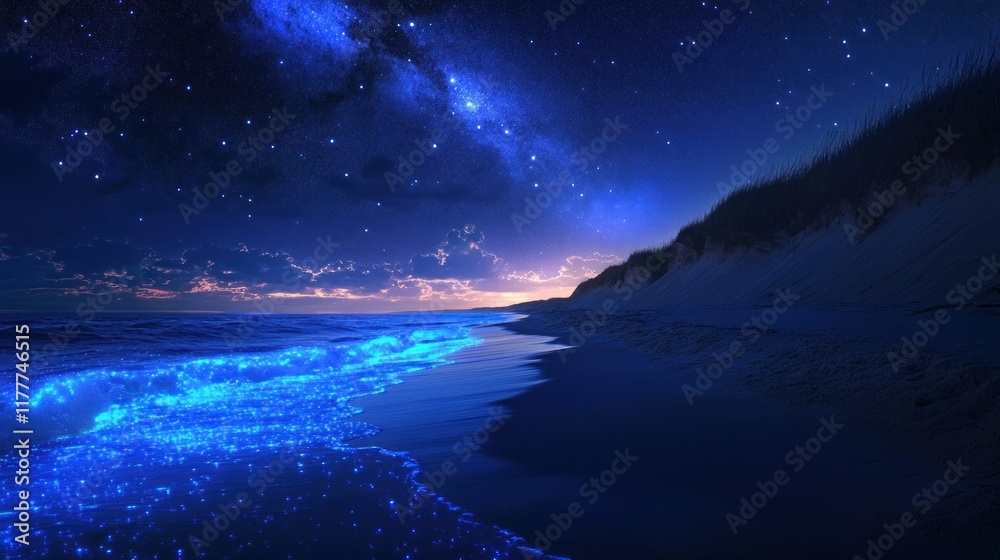 Bioluminescent ocean waves on sandy beach at night under Milky Way