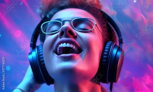 Wallpaper Mural Neon-lit youth, headphones on, cosmic background, music poster Torontodigital.ca