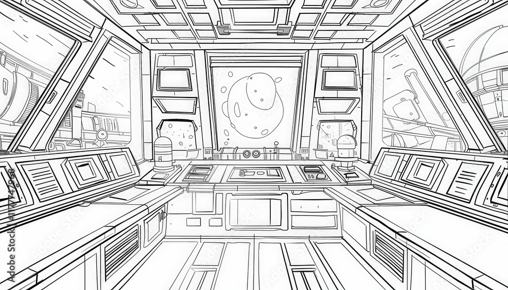 A spaceship bridge line art drawing with control panels and a large front window showing a planet. Ideal for coloring books, concept art, or game design. A spaceship bridge line art drawing with control panels and a large front window showing a planet. Ideal for coloring books, concept art, or game design.