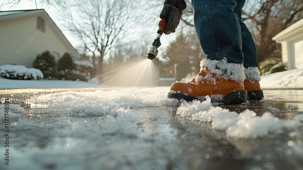 A person using a high-pressure water jet to melt ice on a driveway, highlighting alternative snow-clearing methods. A person using a high-pressure water jet to melt ice on a driveway, highlighting alternative snow-clearing methods.