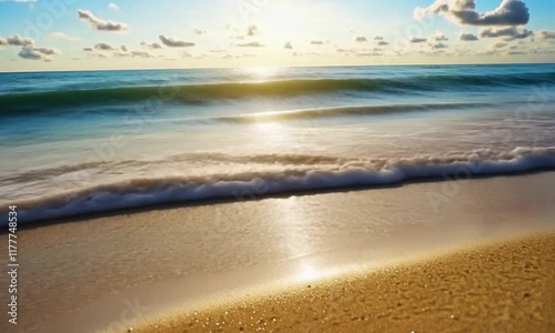 Ocean wave on sunny beach, sunset sky