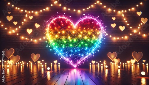 Luminous heart, with the colors of the LGBT+ community, Valentine's Day banner, created with Geberative A.I.