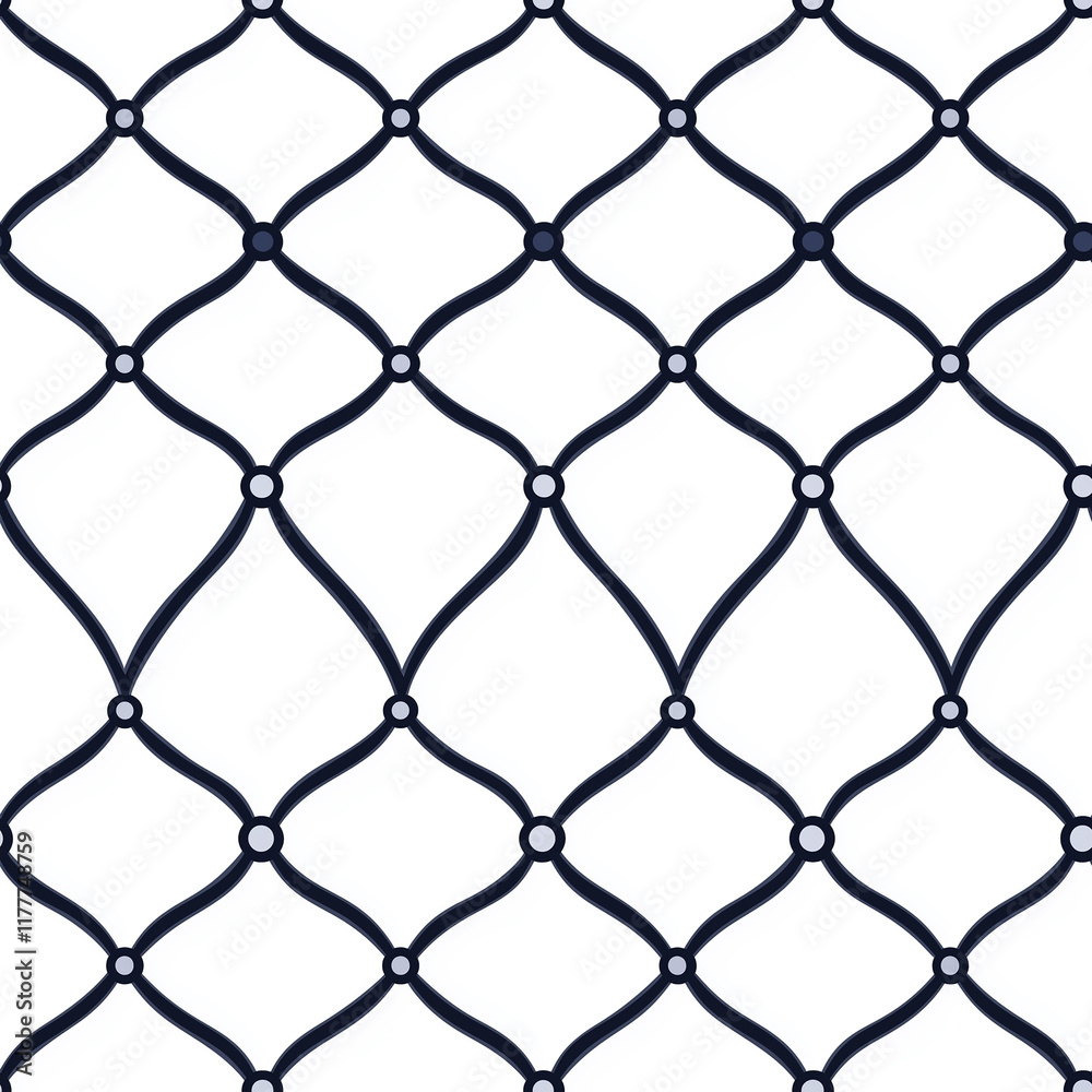 Naklejka premium Geometric pattern featuring interwoven shapes with circular nodes, ideal for backgrounds or textile designs.