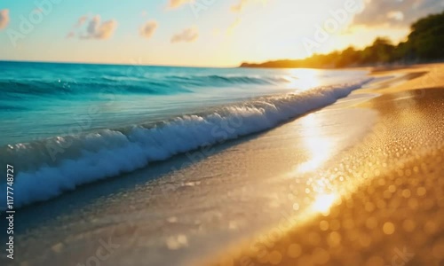 Ocean wave sunset beach; tropical vacation