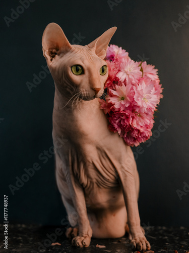 Pink hairless cat in a flowers photo