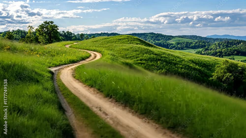 Serene Landscape of Winding Dirt Path Through Lush Green Hills Under Blue Sky