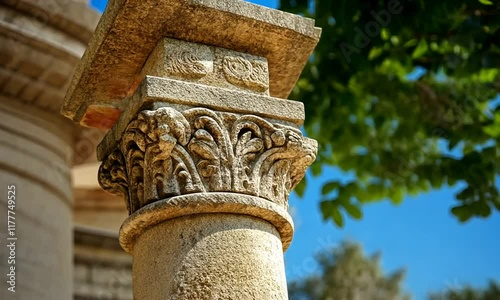 Ornate column, coastal view, foliage, sunny day