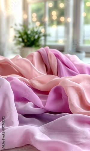 Pastel chiffon fabric drapes, bright room, plant