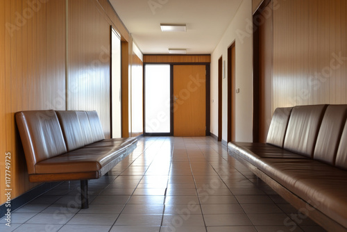 Quiet corridor with wooden accents and benches in a modern building during daytime photo