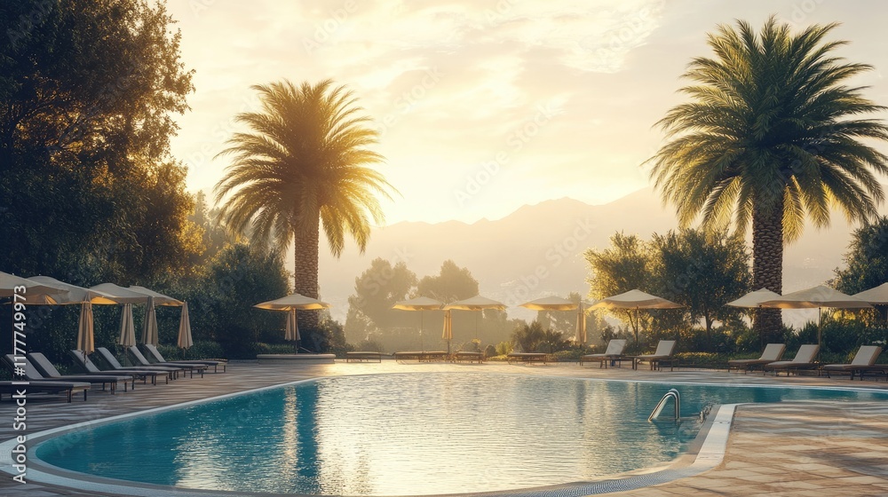Fototapeta premium A sparkling resort pool surrounded by luxurious chairs and umbrellas, framed by majestic palm trees under a soft morning glow.