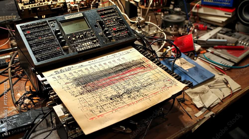 Music production setup with mixing console, handwritten notes, and messy workspace in a studio environment Music production setup with mixing console, handwritten notes, and messy workspace in a studio environment