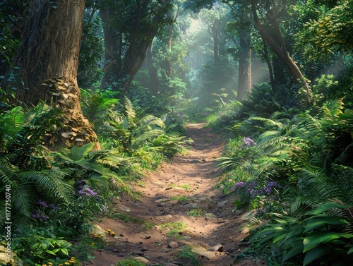 Exploring a serene wilderness adventure in lush forest trails nature hyperrealistic style tranquil environment photo