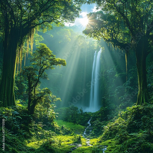 A dense rainforest ecosystem with towering trees covered in moss, vibrant wildlife like toucans, jaguars, and monkeys, a cascading waterfall in the background, and sunlight streaming through the canop photo