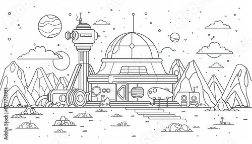 Fototapeta Naklejka Na Ścianę i Meble -  A whimsical line art illustration of a lunar base with a large dome, a telescope, and a small rocket ship. Ideal for space-themed coloring pages or children's book illustrations.