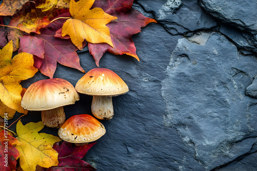 Autumn mushrooms surrounded by colorful leaves on a slate rock, creating a cozy natural scene perfect for the season. photo