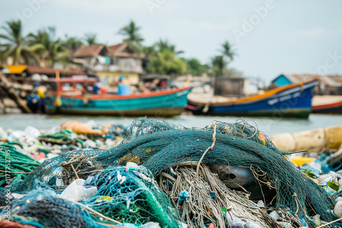 Wallpaper Mural Fishing village with tangled nets and traps amidst bustling fishing boats in the background during a sunny day Torontodigital.ca