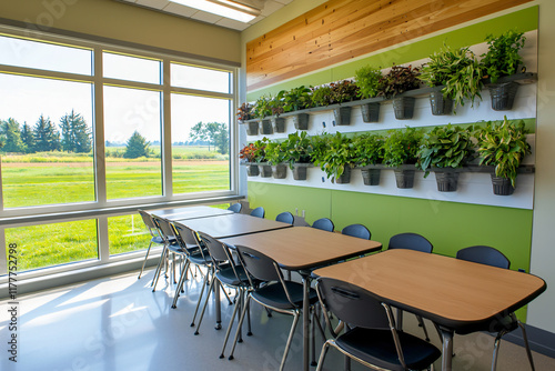 an eco-friendly classroom featuring a lush green wall filled with plants photo