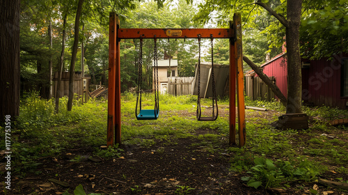 Abandoned playground overtaken by nature and waste in a secluded area photo