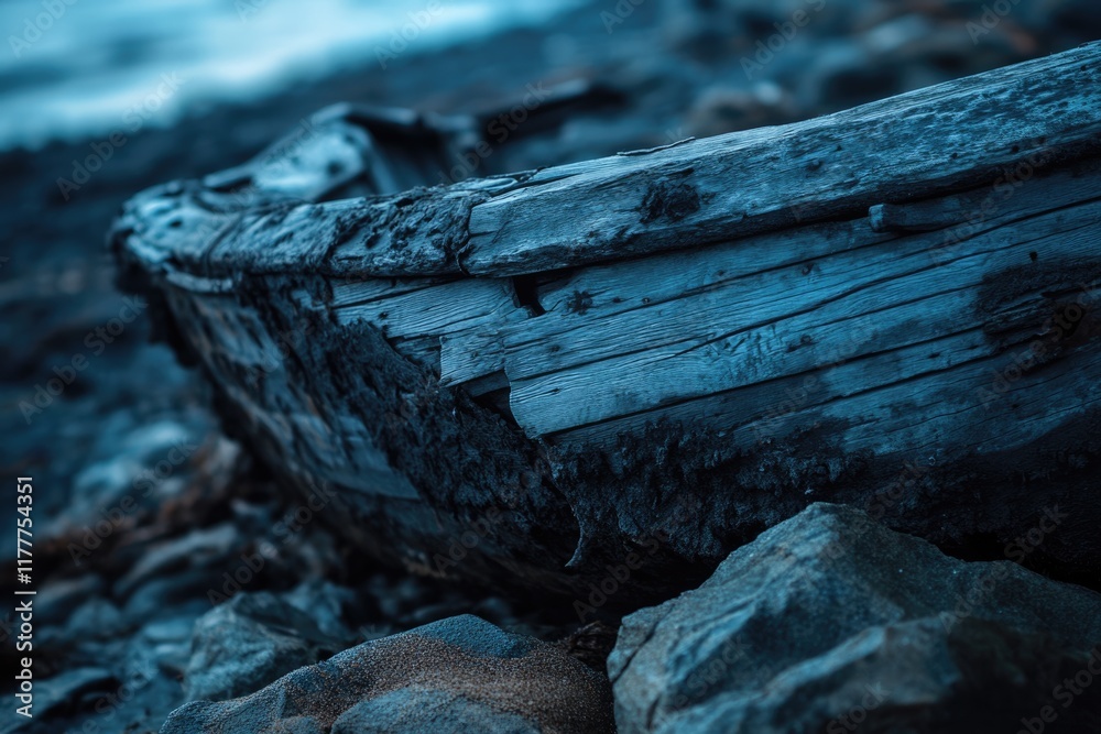 Decaying wooden boat wreck rests on dark rocks by the sea, showing the effects of time and weather. Decaying wooden boat wreck rests on dark rocks by the sea, showing the effects of time and weather.