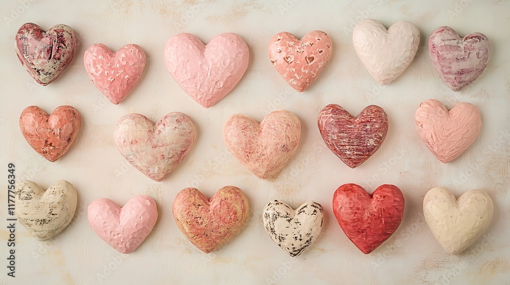 Fototapeta premium A variety of hearts in pastel pink filled with love scattered on a gentle background