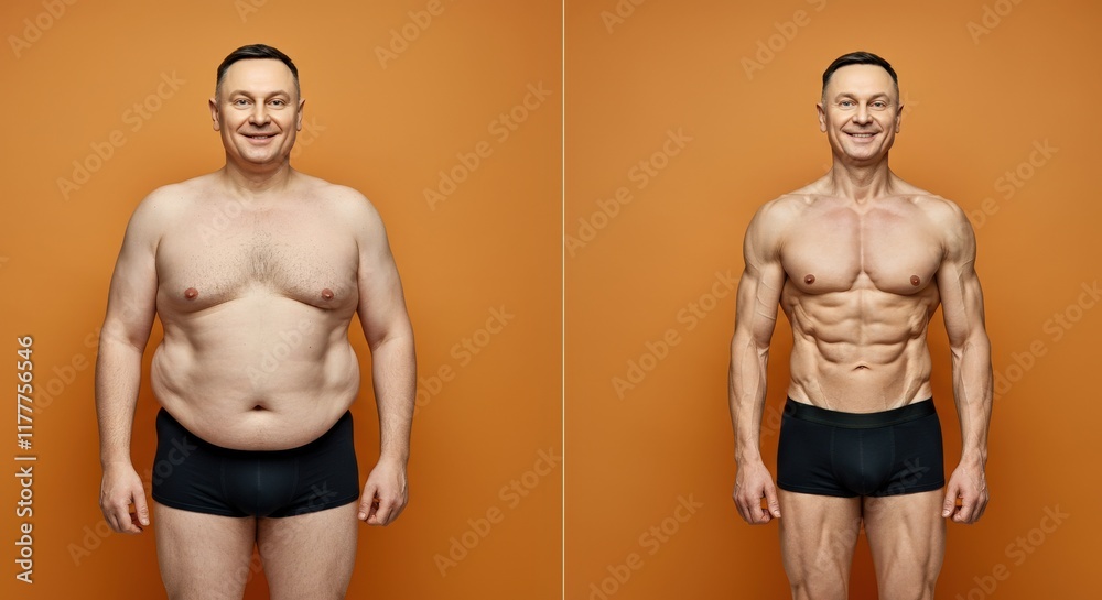 Fototapeta premium Transformation journey of a caucasian adult male - before and after fitness success