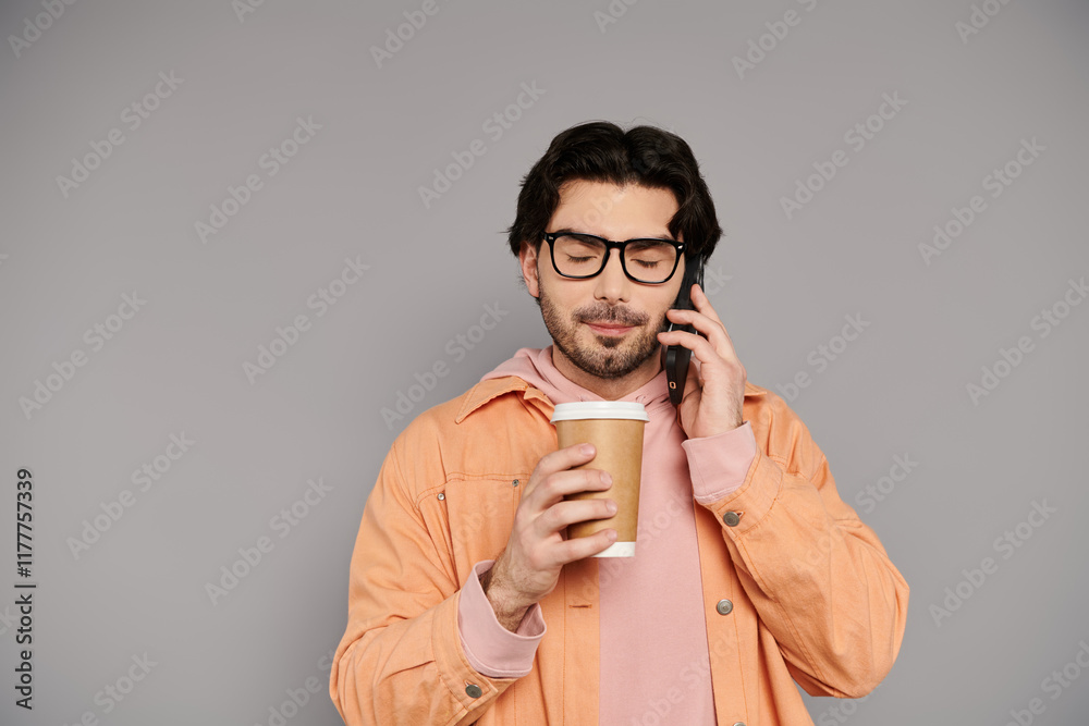 Young handsome man enjoying coffee while talking on the phone in a minimalistic setting Young handsome man enjoying coffee while talking on the phone in a minimalistic setting