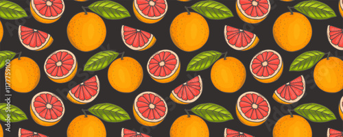 Fruit seamless pattern, grapefruit with tropical leaves  on black background. Summer vibrant design. Exotic tropical fruit. Colorful vector illustration