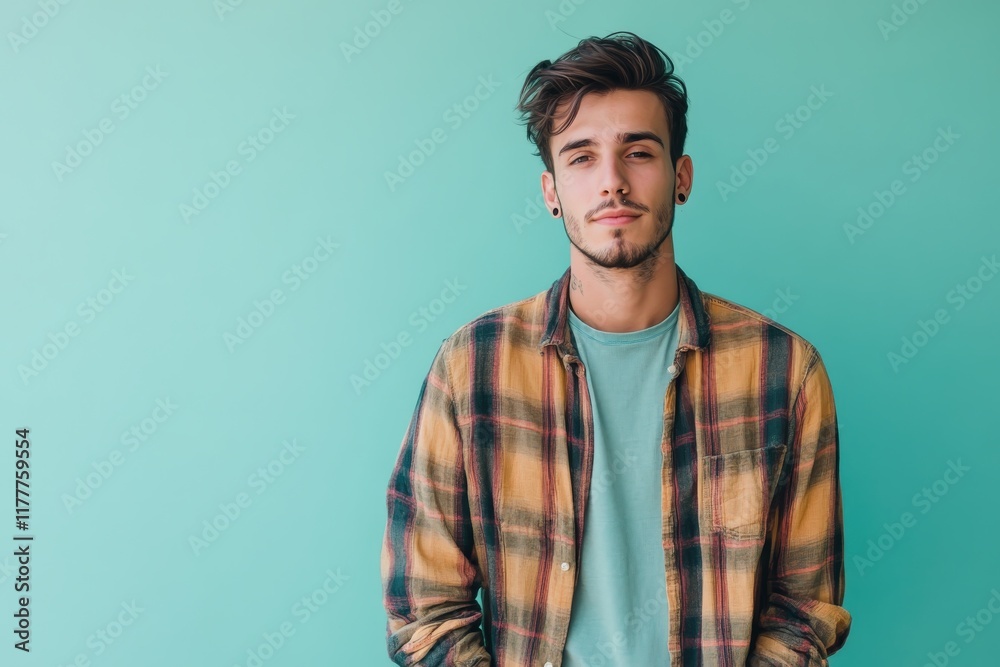 Fototapeta premium Stylish Young Man Posing Against a Vibrant Turquoise Background