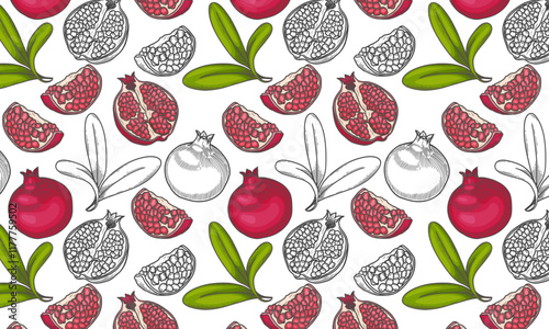 Seamless pattern with pomegranate, half pomegranate, seeds for wrapper, background in flat style