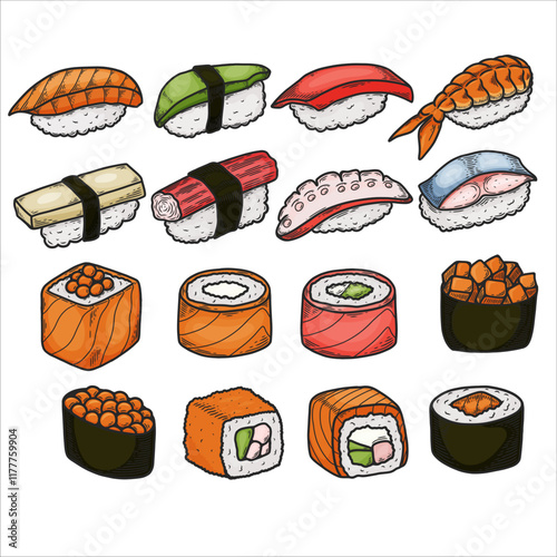 Asian food. A set of different sushi and rolls with salmon, avocado, tuna, etc. Sketch style. Vector hand drawn illustration. Painted sketch