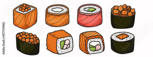 Asian food. A set of different rolls with salmon, avocado, tuna, etc. Sketch style. Vector hand drawn illustration. Painted sketch
