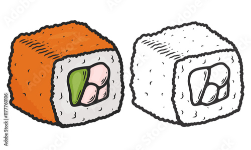 Asian food. Roll with caviar and avocado. Sketch style. Vector hand drawn illustration. Painted sketch