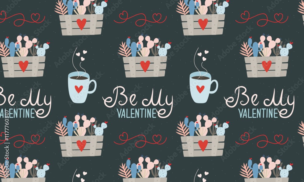 Fototapeta premium Cute seamless pattern with cactuses and loves drinks on blue background. Good for nursery prints, textile, valentine's day wrapping paper, scrapbooking, stationary, wallpaper, etc.