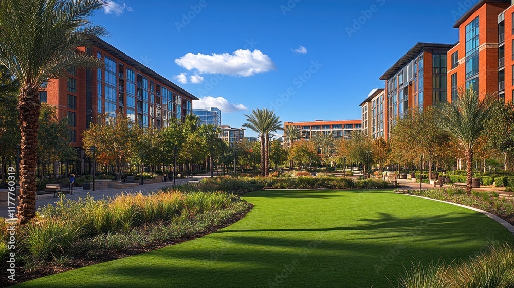 Fototapeta premium Modern residential complex with a landscaped courtyard on a sunny day.