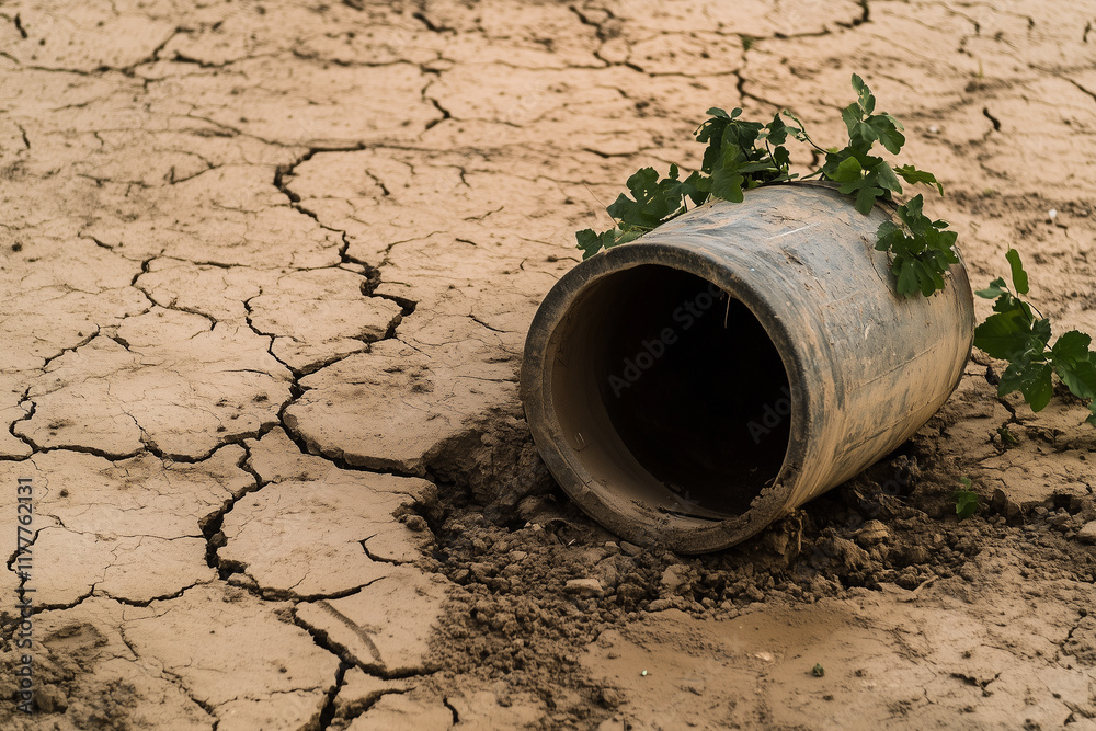 Broken water cistern lies overturned on cracked, dry ground in a desolate landscape highlighting the effects of drought Broken water cistern lies overturned on cracked, dry ground in a desolate landscape highlighting the effects of drought