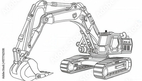 A detailed excavator line art drawing. Ideal for coloring pages, activity books, or construction-themed designs.