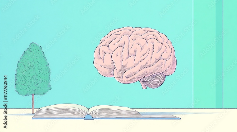 Floating Brain Illustration: A Serene, Minimalist Digital Artwork of Knowledge and Learning. AI Generated Floating Brain Illustration: A Serene, Minimalist Digital Artwork of Knowledge and Learning. AI Generated