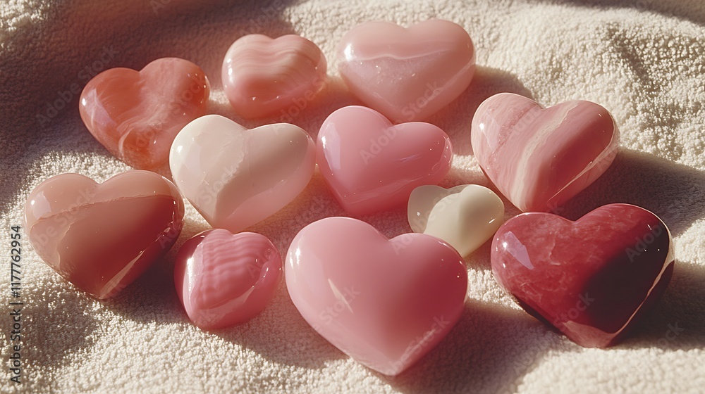 Obraz premium A variety of pastel pink hearts radiating love arranged on a soft surface