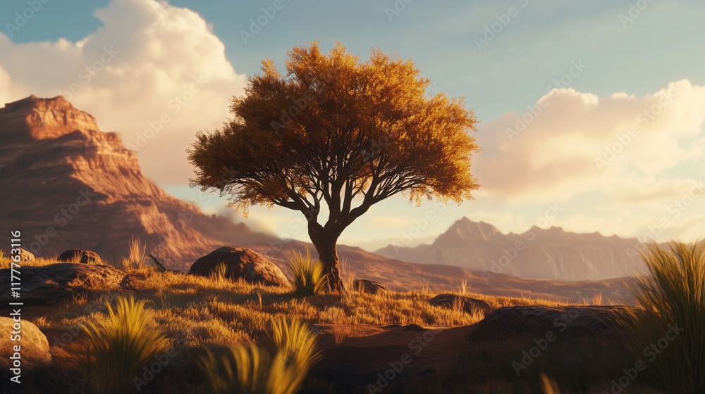 Lonely acacia tree stands resilient in arid landscape under golden sunlight with distant mountains in the background