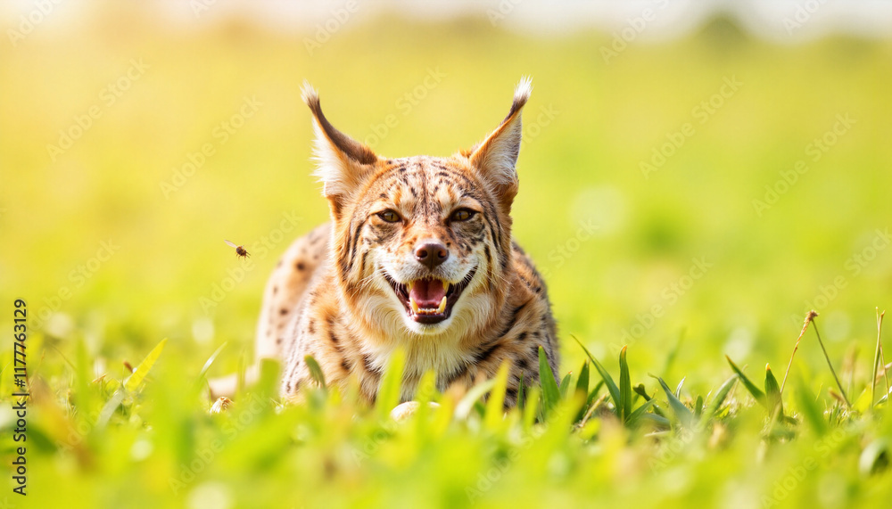 Fototapeta premium Serval cat stalking prey in tall grass, instinctive hunting